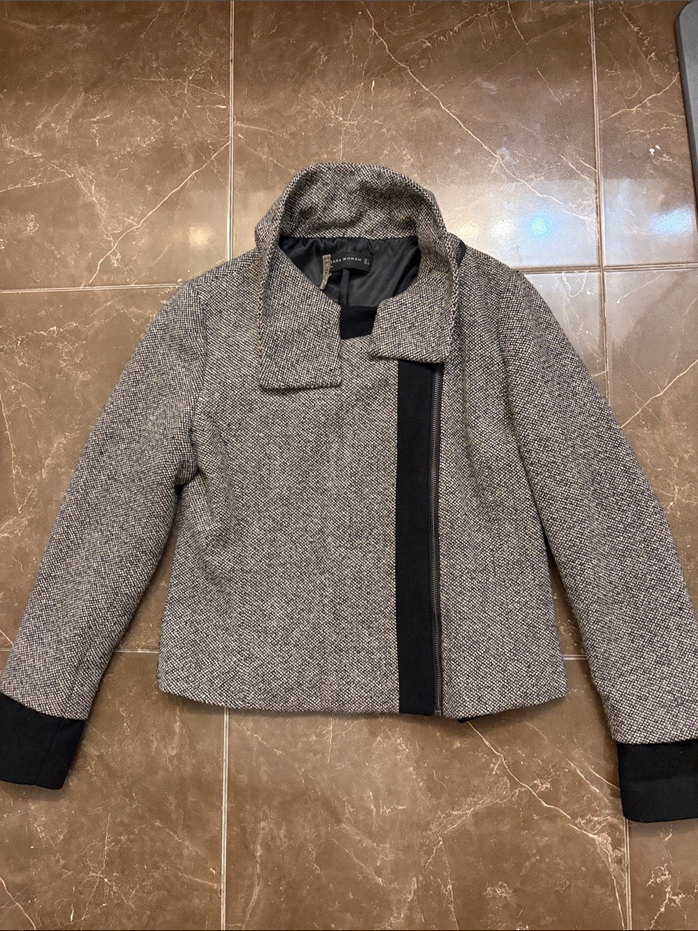 Zara Gray Herringbone Peacoat with Black Trim
